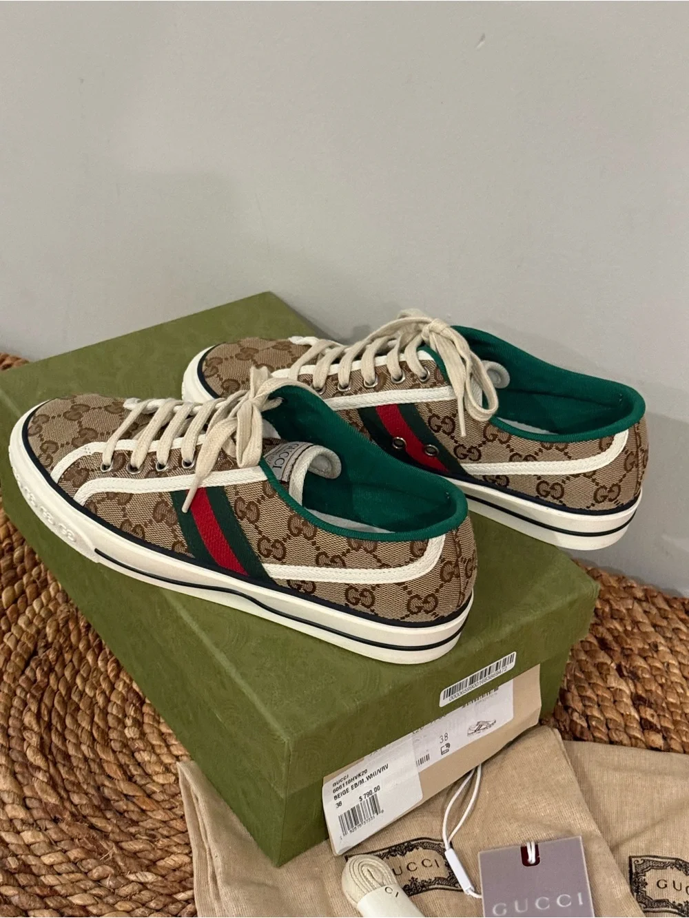 Gucci Women’s GG Canvas 1977 Green-Trim Low Top Sneakers by